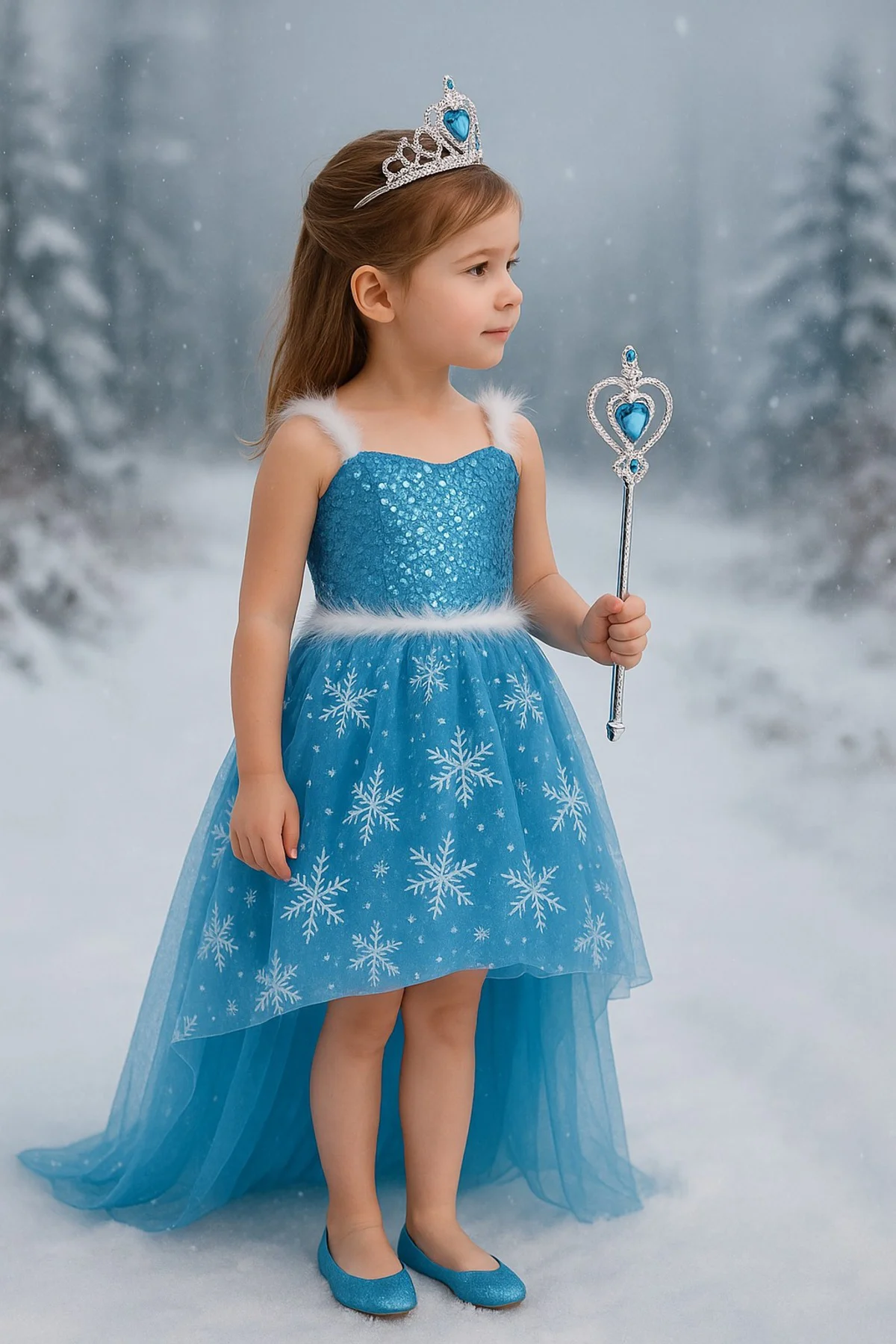Karlar Ülkesi Frozen Elsa Kostüm Mavi Ön Kısa Arka Uzun Elbise Kı