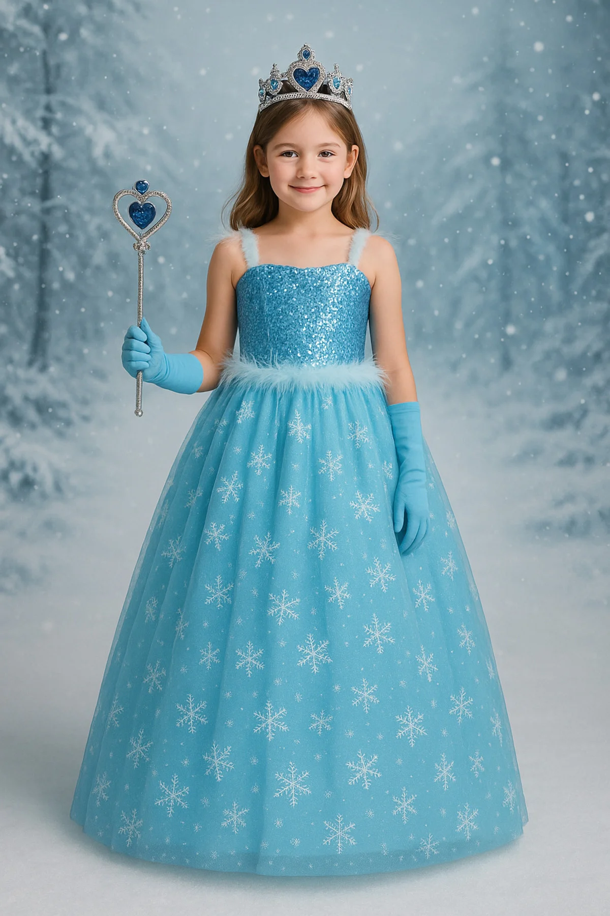 Karlar Ülkesi Frozen Elsa Askılı Kostüm Mavi Kız Çocuk Tarlatanlı Pulpayet Elbise