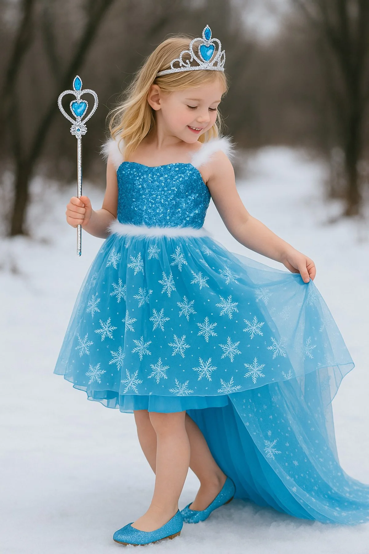 Karlar Ülkesi Frozen Elsa Kostüm Mavi Ön Kısa Arka Uzun Elbise Kı