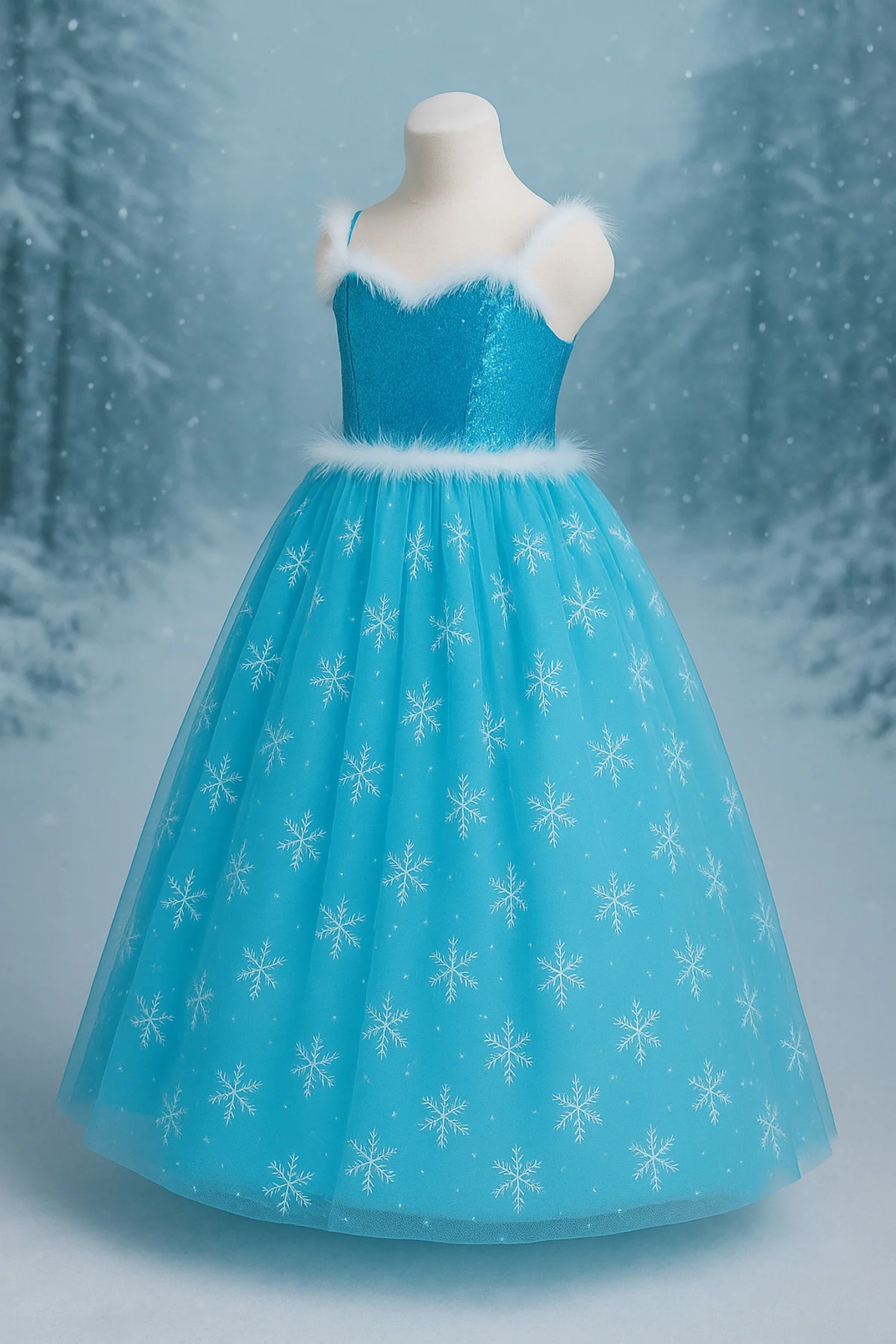 Karlar Ülkesi Frozen Elsa Askılı Kostüm Mavi Kız Çocuk Tarlatanlı Pulpayet Elbise