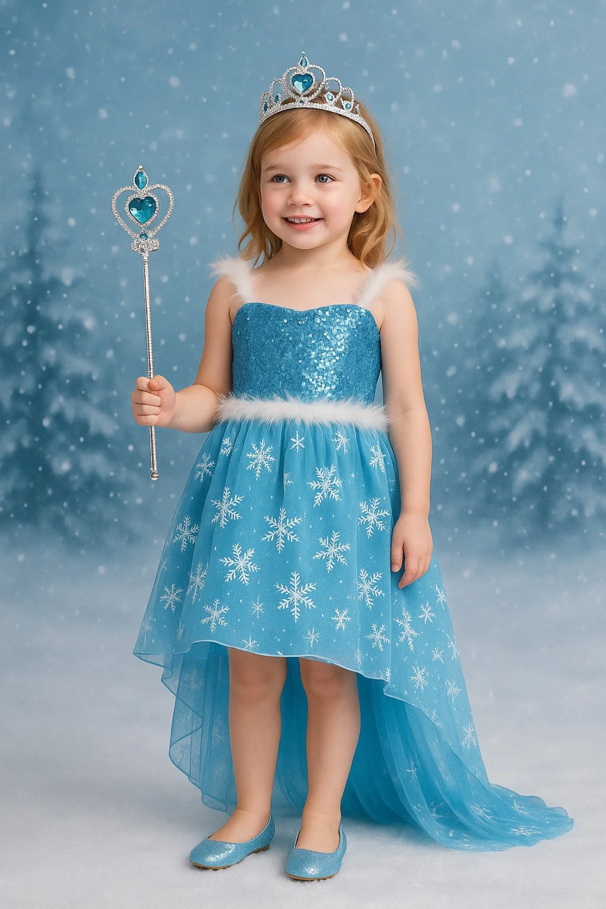 Karlar Ülkesi Frozen Elsa Kostüm Mavi Ön Kısa Arka Uzun Elbise Kı