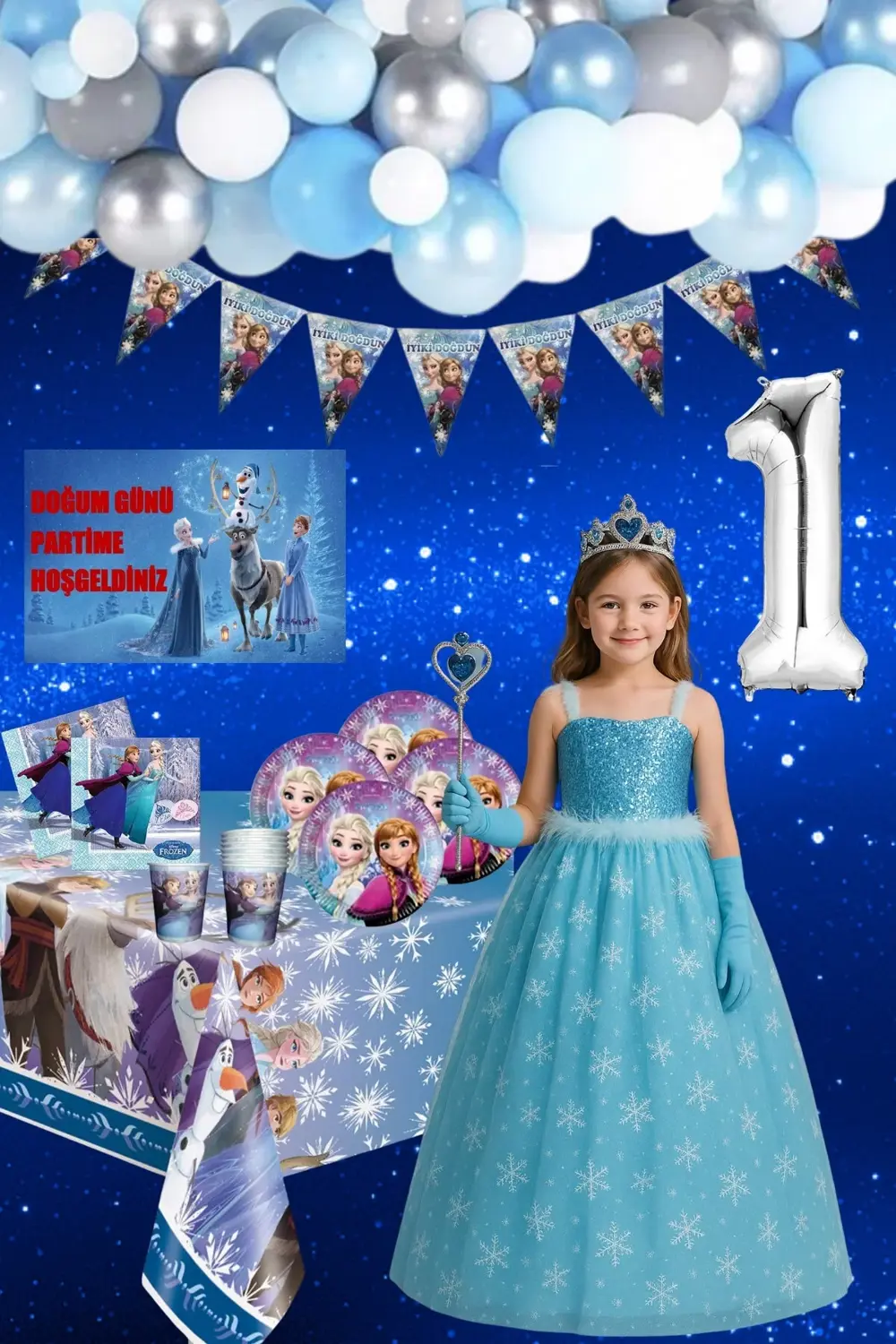 Karlar Ülkesi Kostüm Frozen Elsa Kız Çocuk Mavi Elbise Doğum Günü