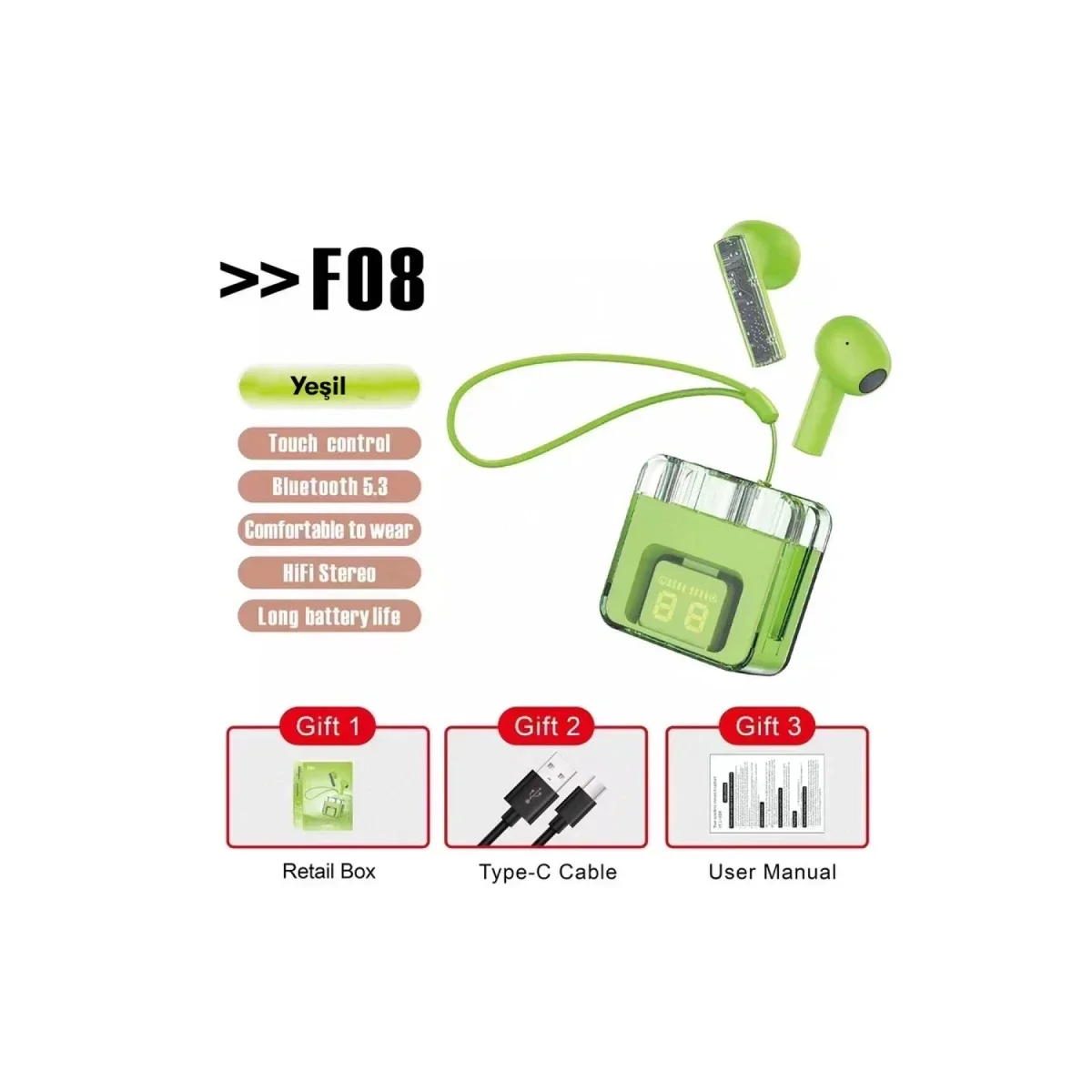 Karler Bass F08 Dijital Şarj Göstergeli TWS Bluetooth Kulaklık - Yeşil