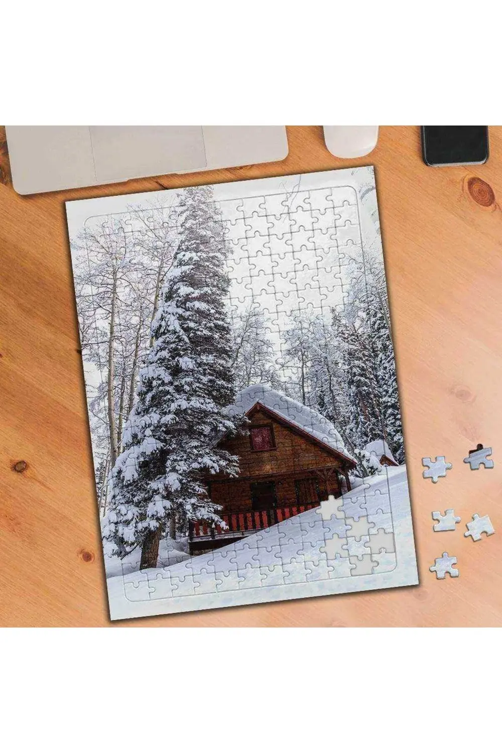 Karlı Çam Ağacı - Dağ Evi 240 Parça Puzzle Yapboz-76448