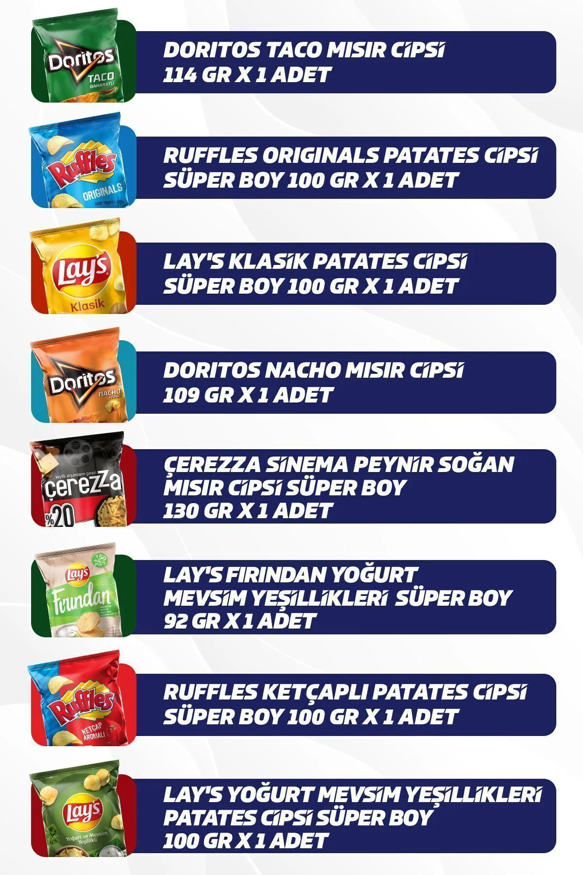 Karma Cips Paketi 8 Parça (DORİTOS, RUFFLES LAY'S, ÇEREZZA)