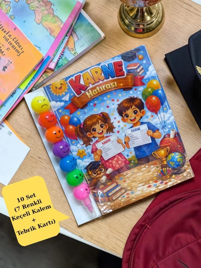 Karne Hediyesi 10 Set Renkli Keçeli Kalem ve Tebrik Kartı