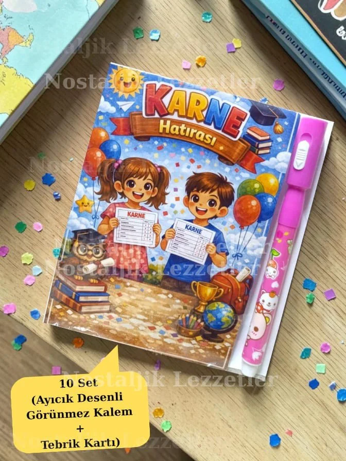 Karne Hediyesi 10 Set Ayıcık Desenli Görünmez Kalem ve Tebrik Kar Karne Hediyesi 10 Set Ayıcık Desenli Görünmez Kalem ve Tebrik Kar