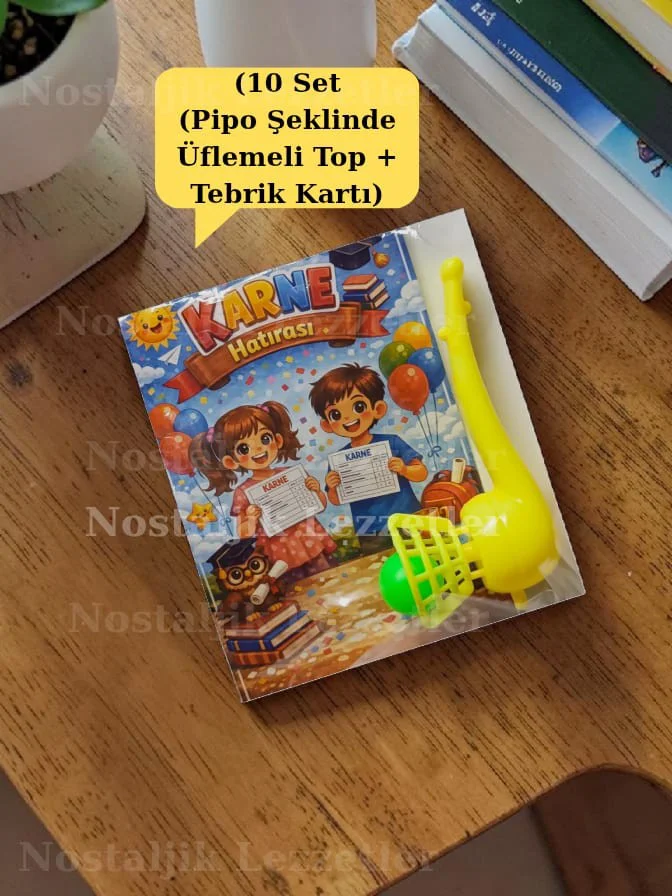 Karne Hediyesi 10 Set Pipo Şeklinde Üflemeli Top ve Tebrik Kartı Karne Hediyesi 10 Set Pipo Şeklinde Üflemeli Top ve Tebrik Kartı