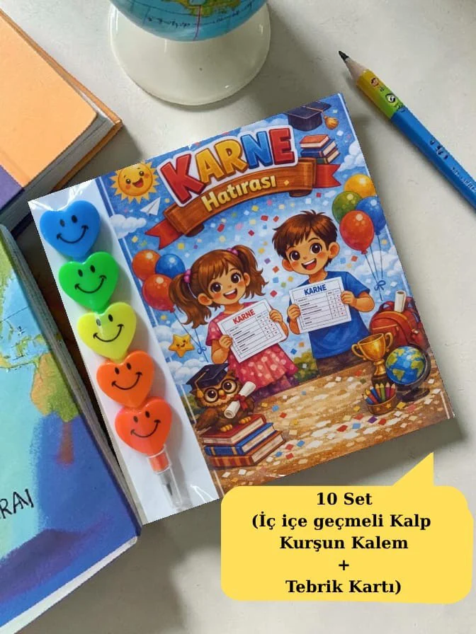 Karne Hediyesi 10 Set Kalp Kurşun Kalem ve Tebrik Kartı