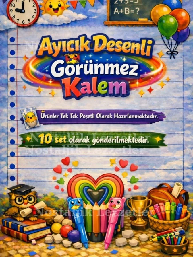 Karne Hediyesi 10 Set Ayıcık Desenli Görünmez Kalem ve Tebrik Kar Karne Hediyesi 10 Set Ayıcık Desenli Görünmez Kalem ve Tebrik Kar