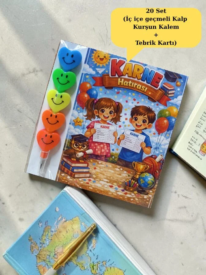 Karne Hediyesi 20 Set Kalp Kurşun Kalem ve Tebrik Kartı