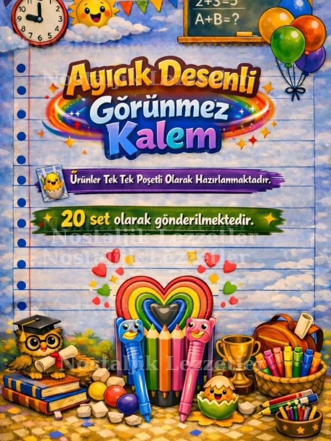 Karne Hediyesi 20 Set Ayıcık Desenli Görünmez Kalem ve Tebrik Kar Karne Hediyesi 20 Set Ayıcık Desenli Görünmez Kalem ve Tebrik Kar