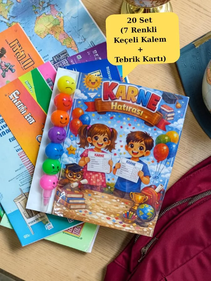 Karne Hediyesi 20 Set Renkli Keçeli Kalem ve Tebrik Kartı