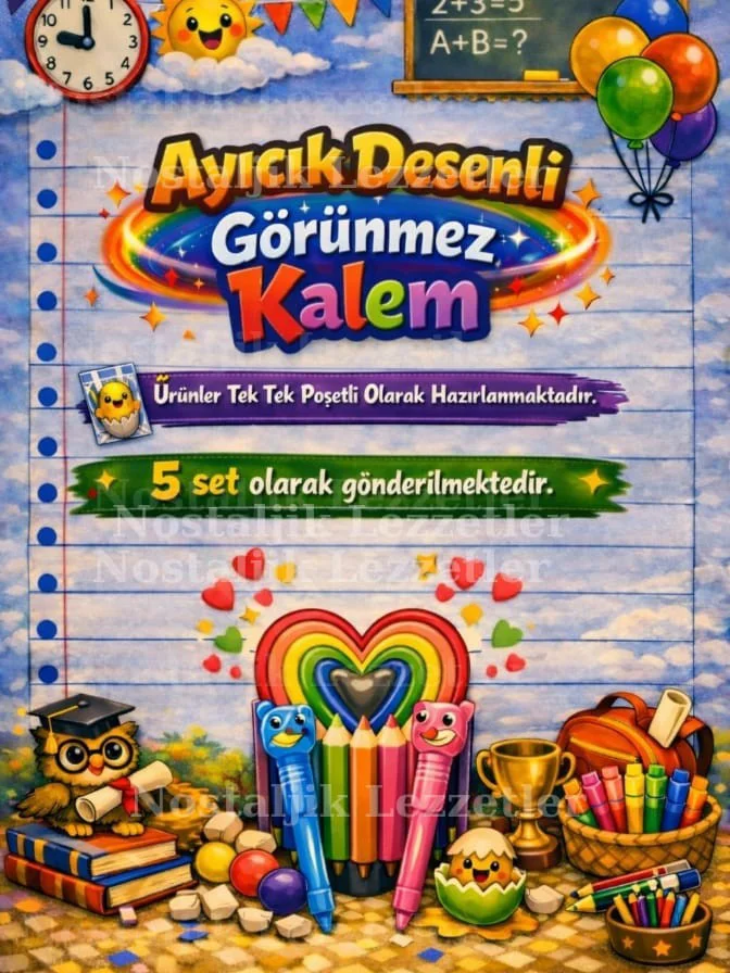 Karne Hediyesi 5 Set Ayıcık Desenli Görünmez Kalem ve Tebrik Kart