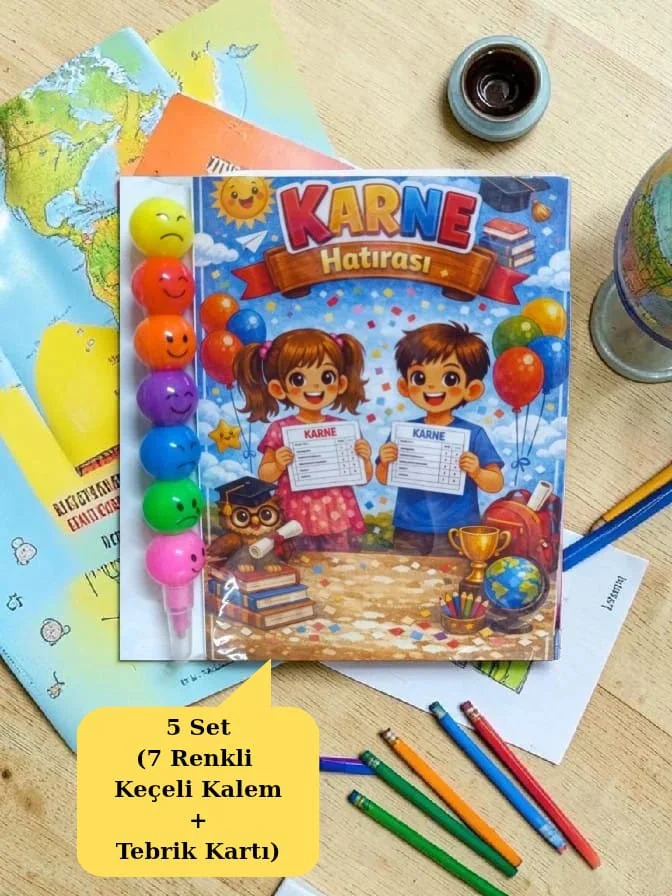 Karne Hediyesi 5 Set Renkli Keçeli Kalem ve Tebrik Kartı Karne Hediyesi 5 Set Renkli Keçeli Kalem ve Tebrik Kartı