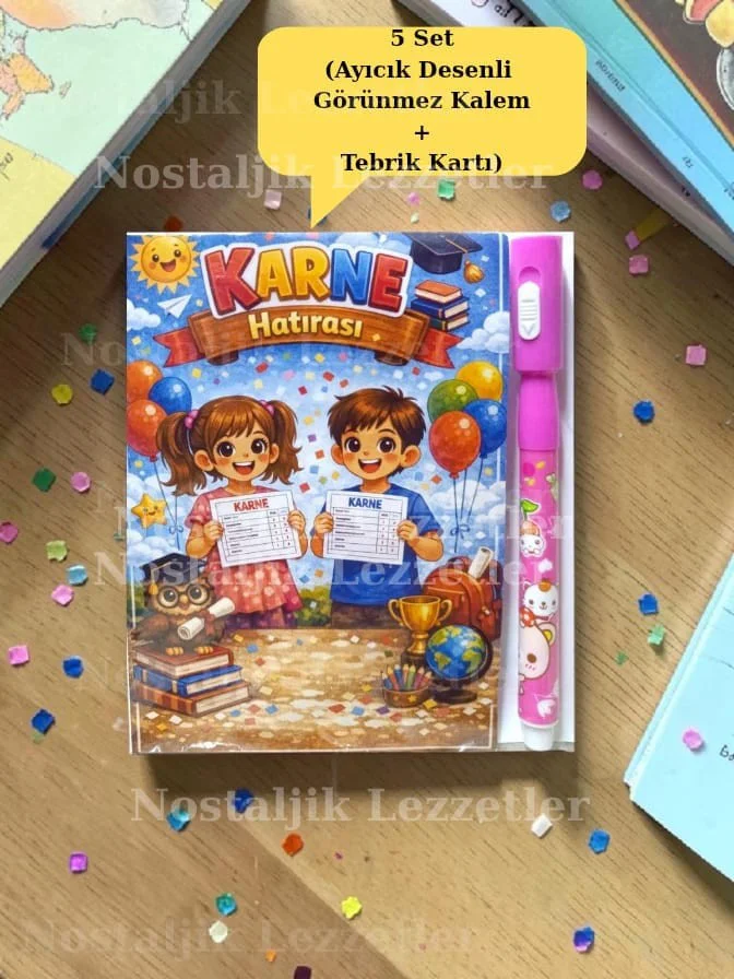 Karne Hediyesi 5 Set Ayıcık Desenli Görünmez Kalem ve Tebrik Kart