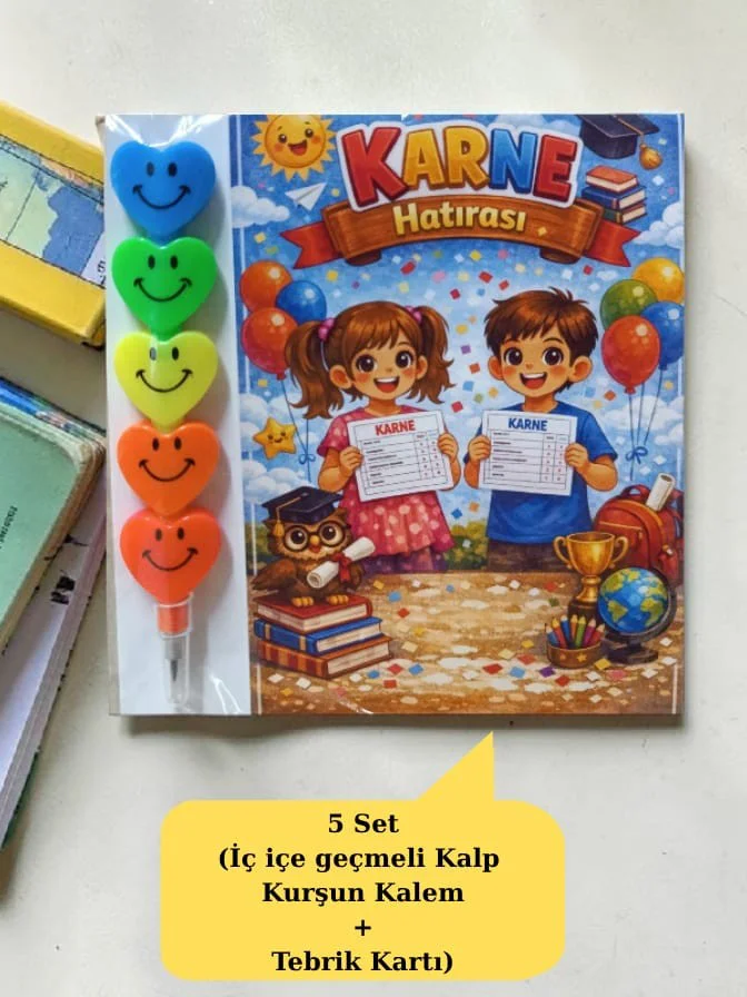 Karne Hediyesi 5 Set Kalp Kurşun Kalem ve Tebrik Kartı