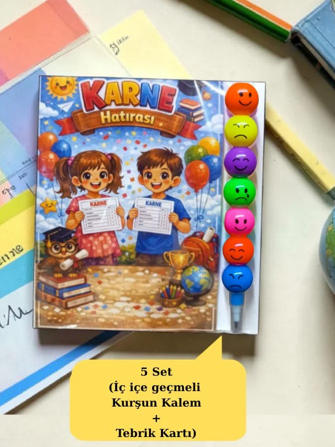 Karne Hediyesi 5 Set Kurşun Kalem ve Tebrik Kartı