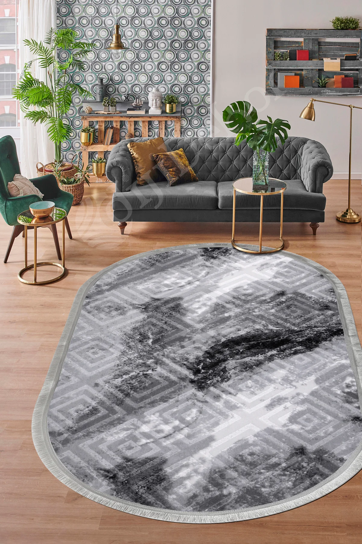 KAROBİ Oval Saçaklı Halı ANTRASİT Silinebilir 160x250 (4 metrekare)