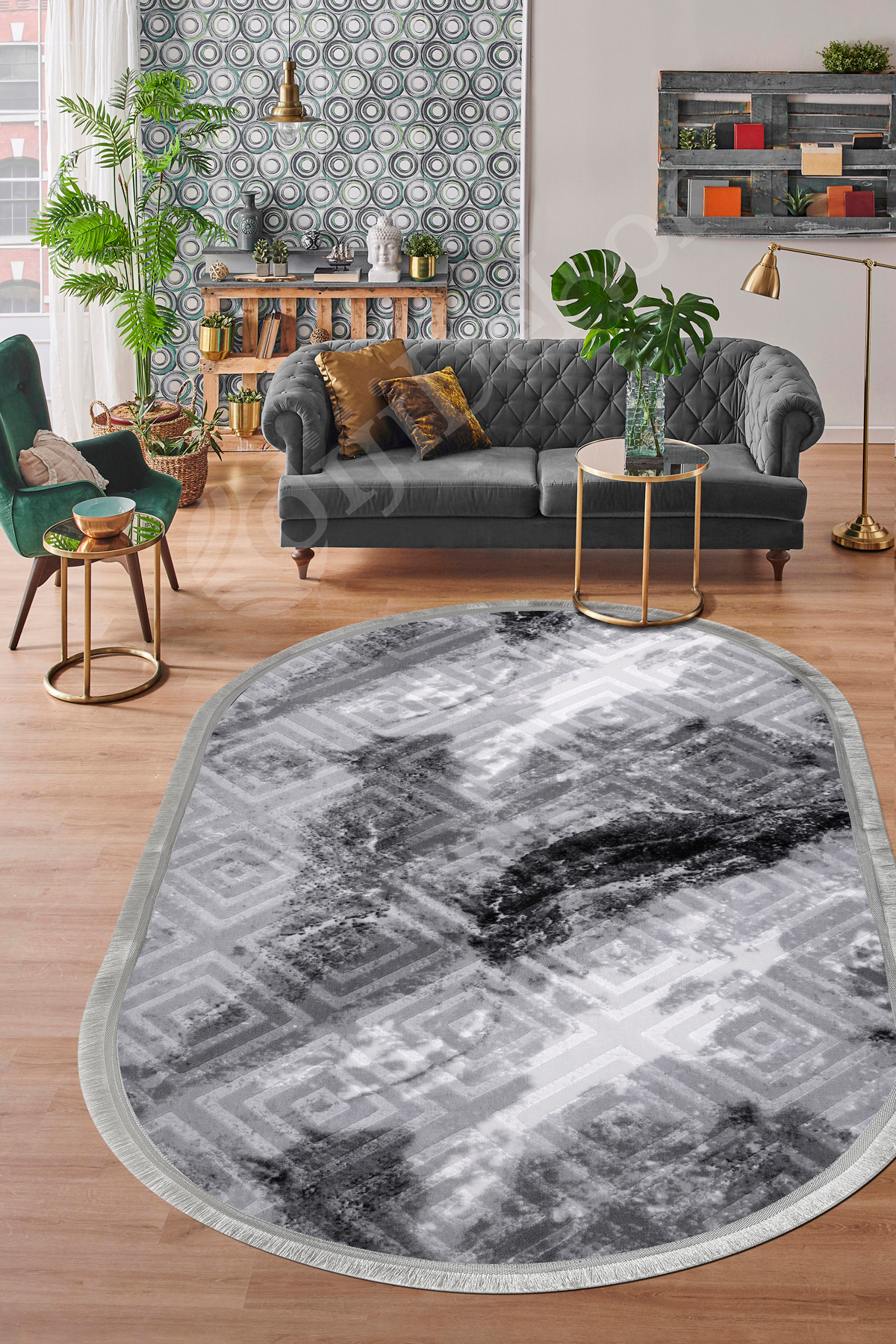 KAROBİ Oval Saçaklı Halı ANTRASİT Silinebilir 100x200