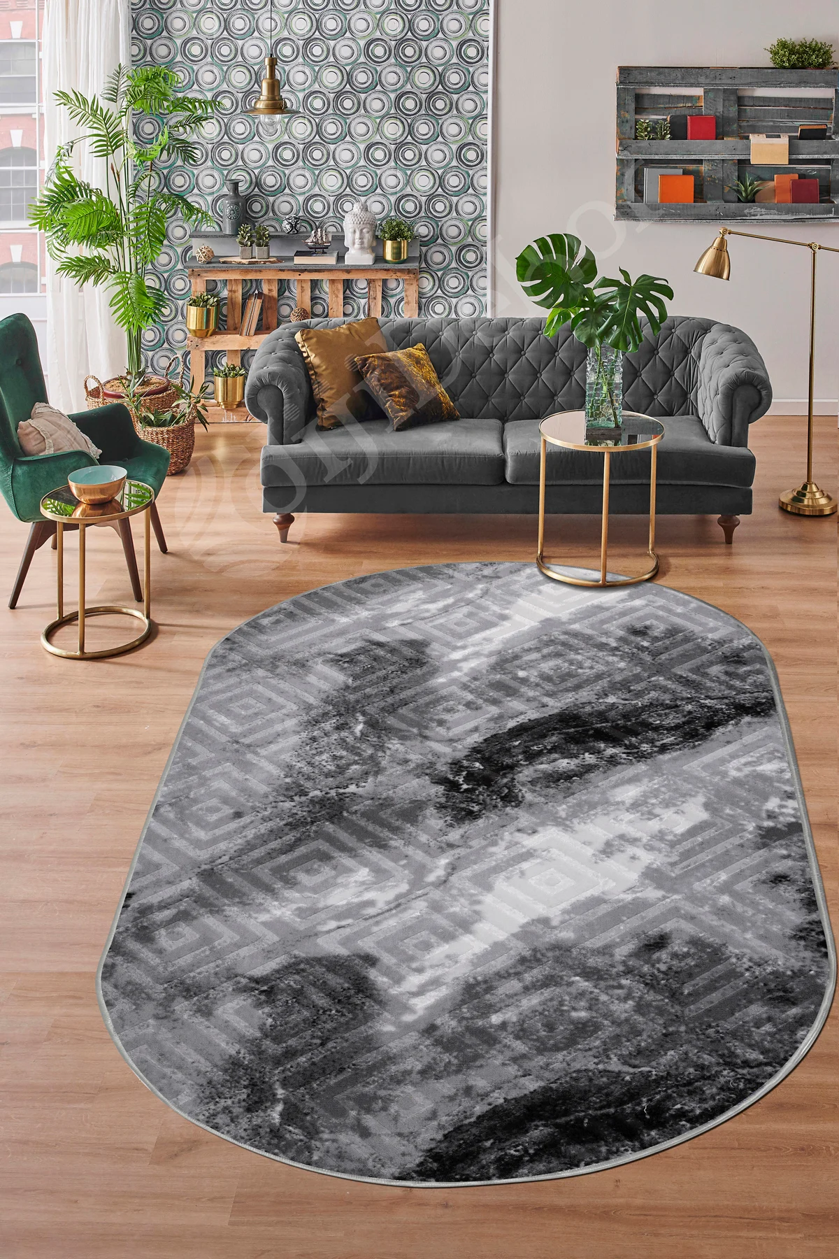 KAROBİ Oval Saçaksız Halı ANTRASİT Silinebilir Yolluk 120x200 (3 