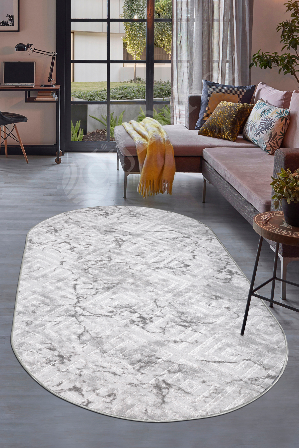 KAROBİ Oval Saçaksız Halı GRİ Silinebilir Yolluk 120x250