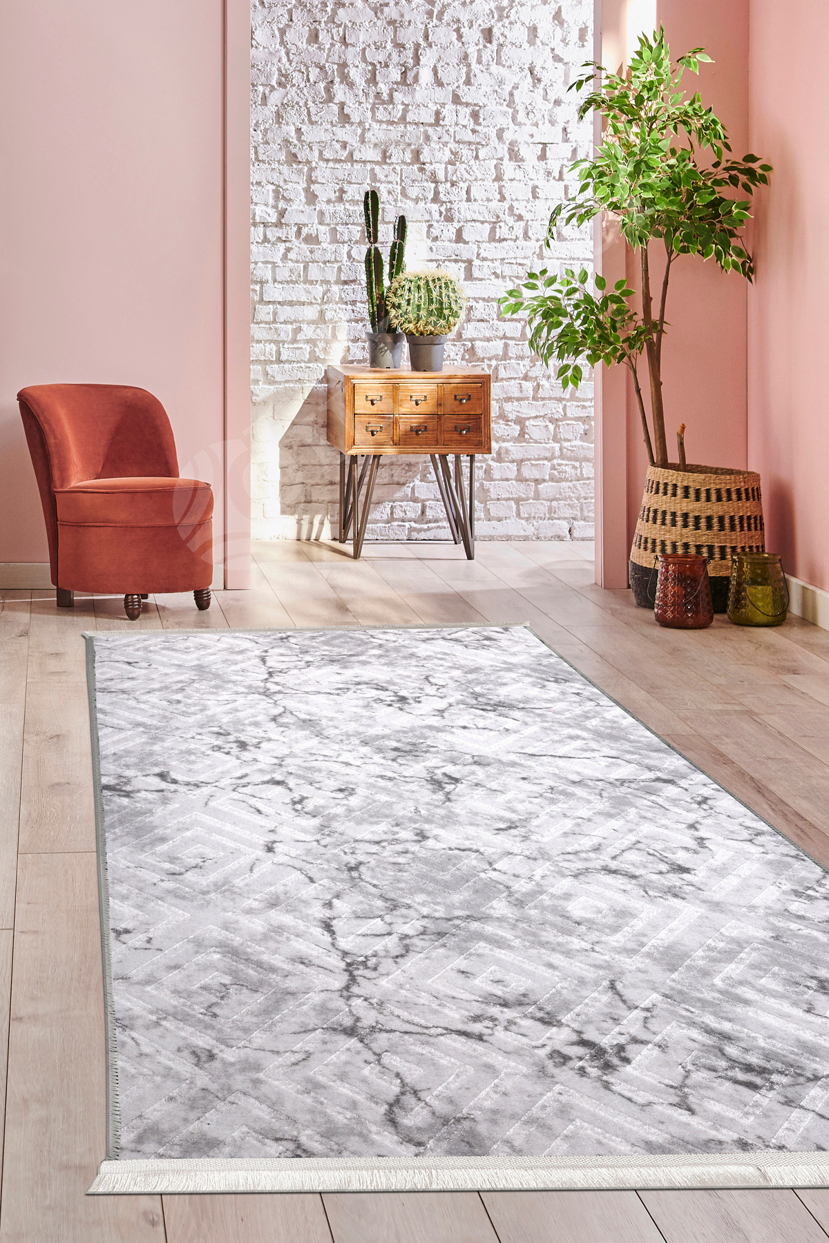 KAROBİ Saçaklı Halı GRİ Silinebilir 60x100