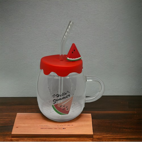 Karpuz Tasarımlı Cam Kupa Bardak 450ml Silikon Kapaklı, Cam Pipet