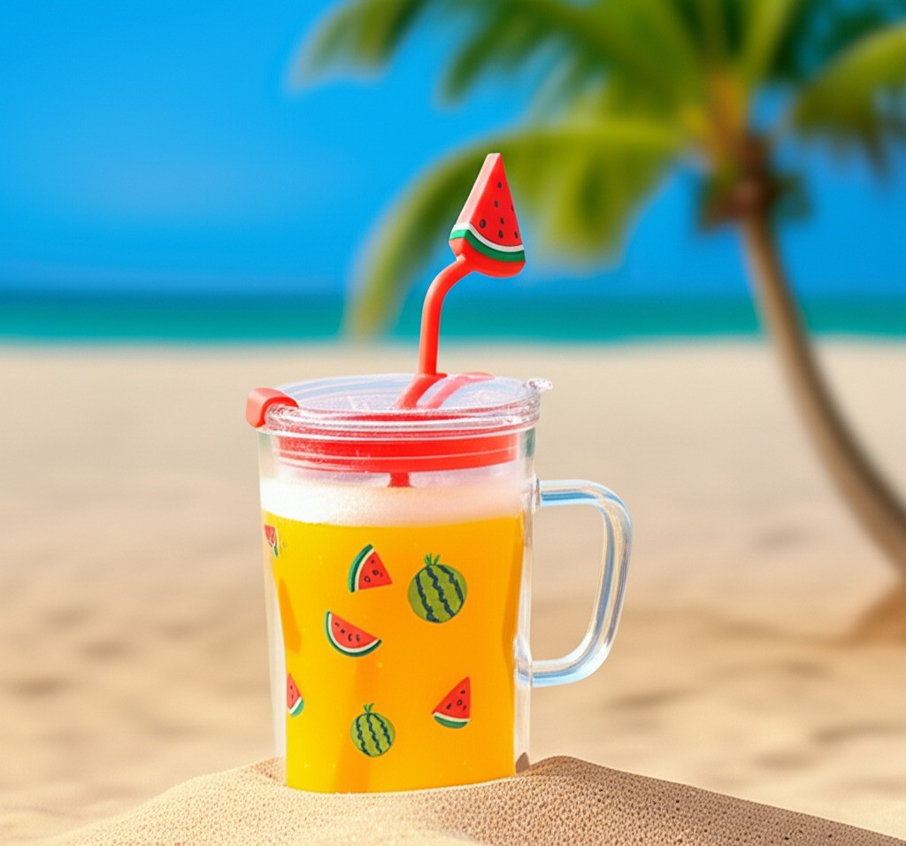 Karpuz Tasarımlı Kupa Bardak 400ml Cam Pipetli Soğuk/Sıcak İçecek