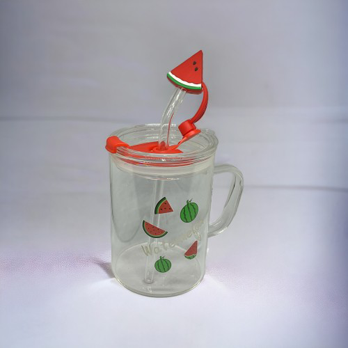 Karpuz Tasarımlı Kupa Bardak 400ml Cam Pipetli Soğuk/Sıcak İçecek
