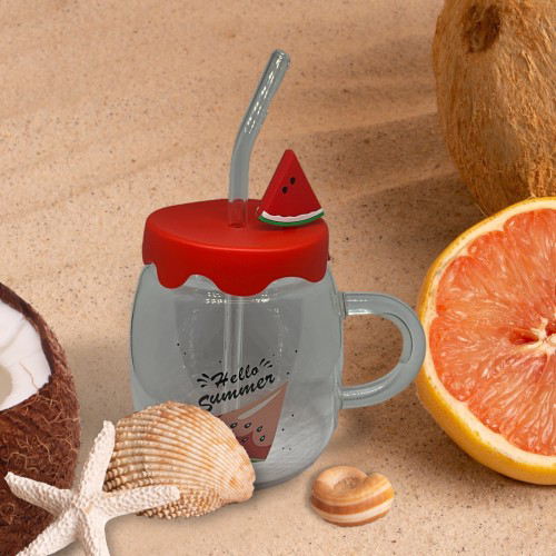 Karpuz Tasarımlı Cam Kupa Bardak 450ml Silikon Kapaklı, Cam Pipet