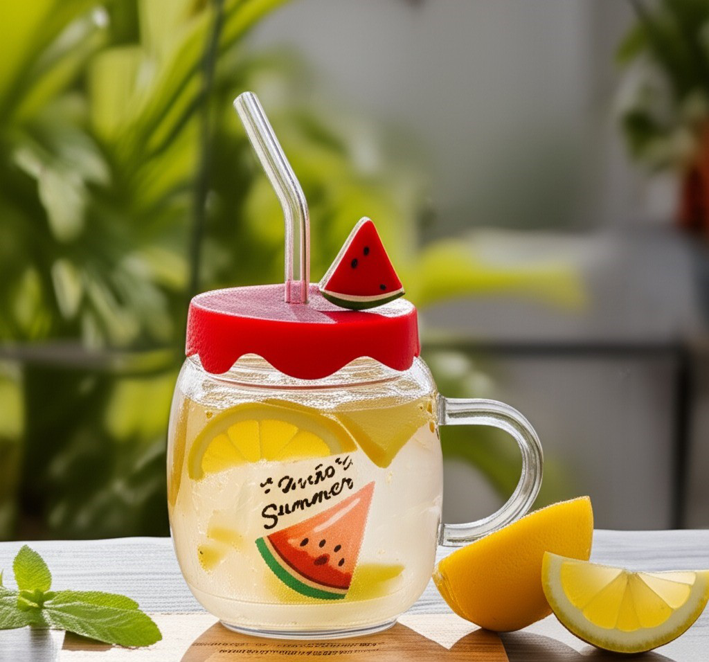 Karpuz Tasarımlı Cam Kupa Bardak 450ml Silikon Kapaklı, Cam Pipet