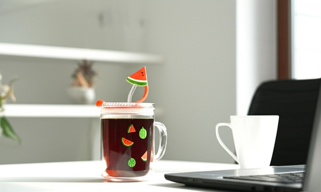 Karpuz Tasarımlı Kupa Bardak 400ml Cam Pipetli Soğuk/Sıcak İçecek