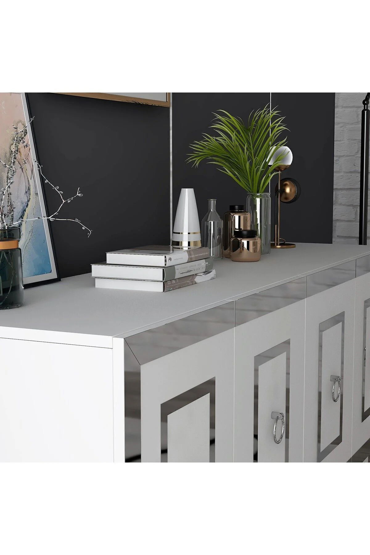 Karrya Konsol 4 Kapaklı Raflı Beyaz-gümüş