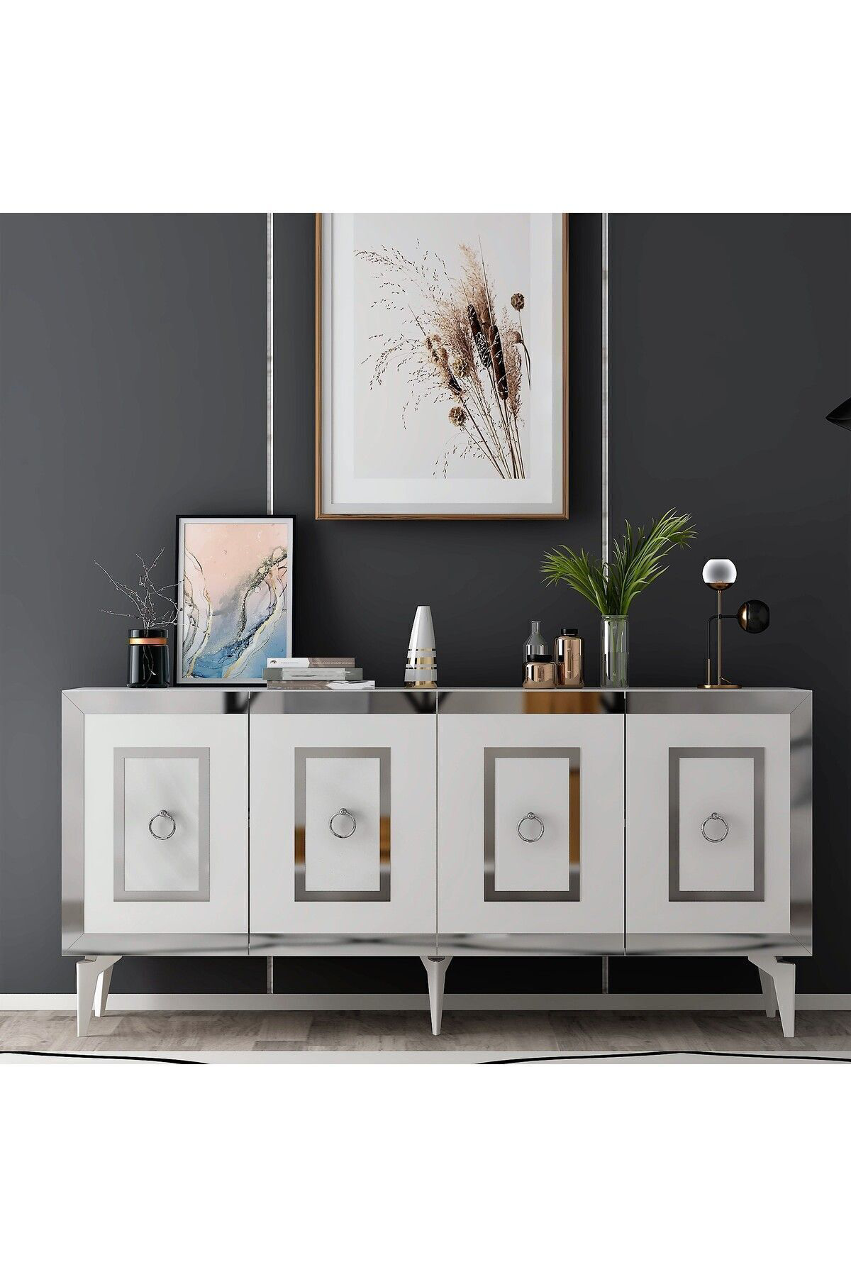 Cantek Dizayn Karrya Konsol 4 Kapakli Rafli Beyaz-Gümüş