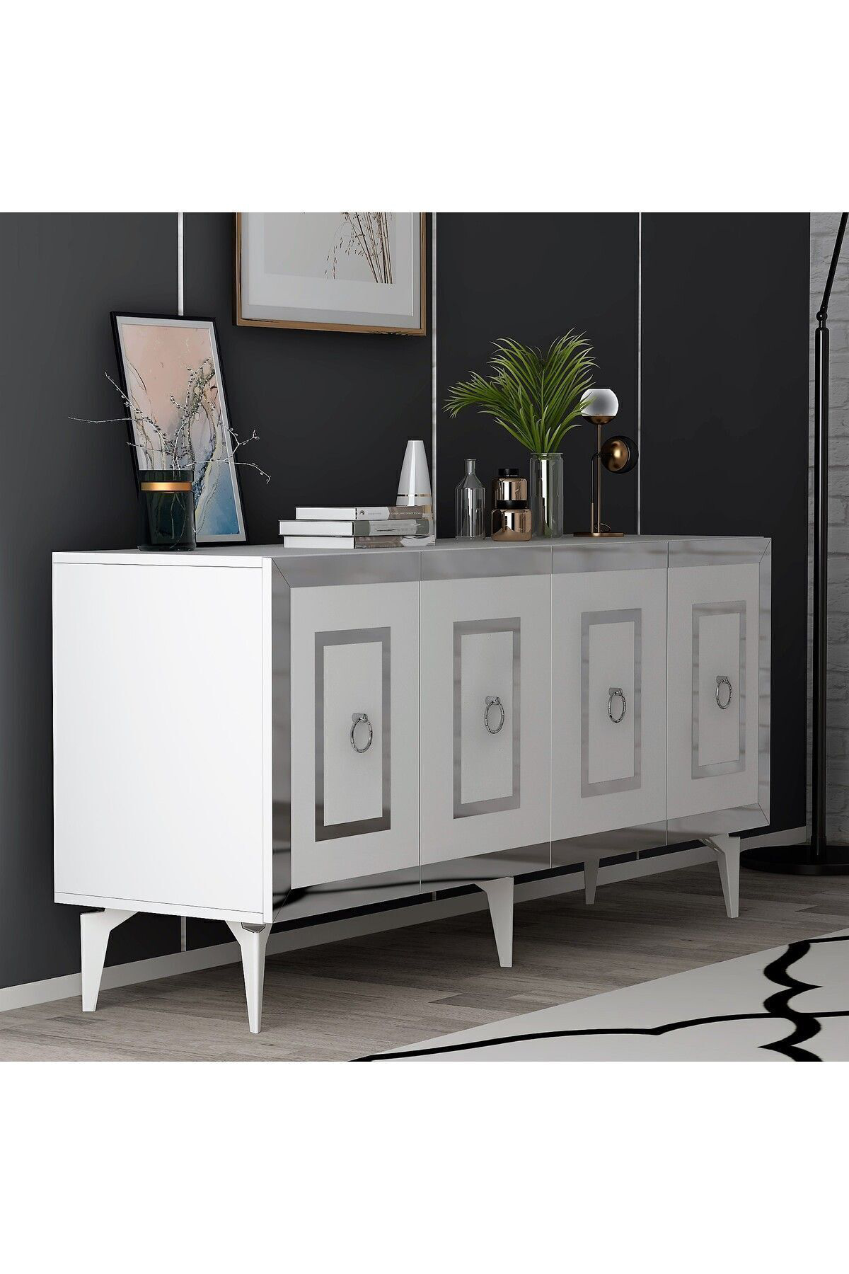 Cantek Dizayn Karrya Konsol 4 Kapakli Rafli Beyaz-Gümüş