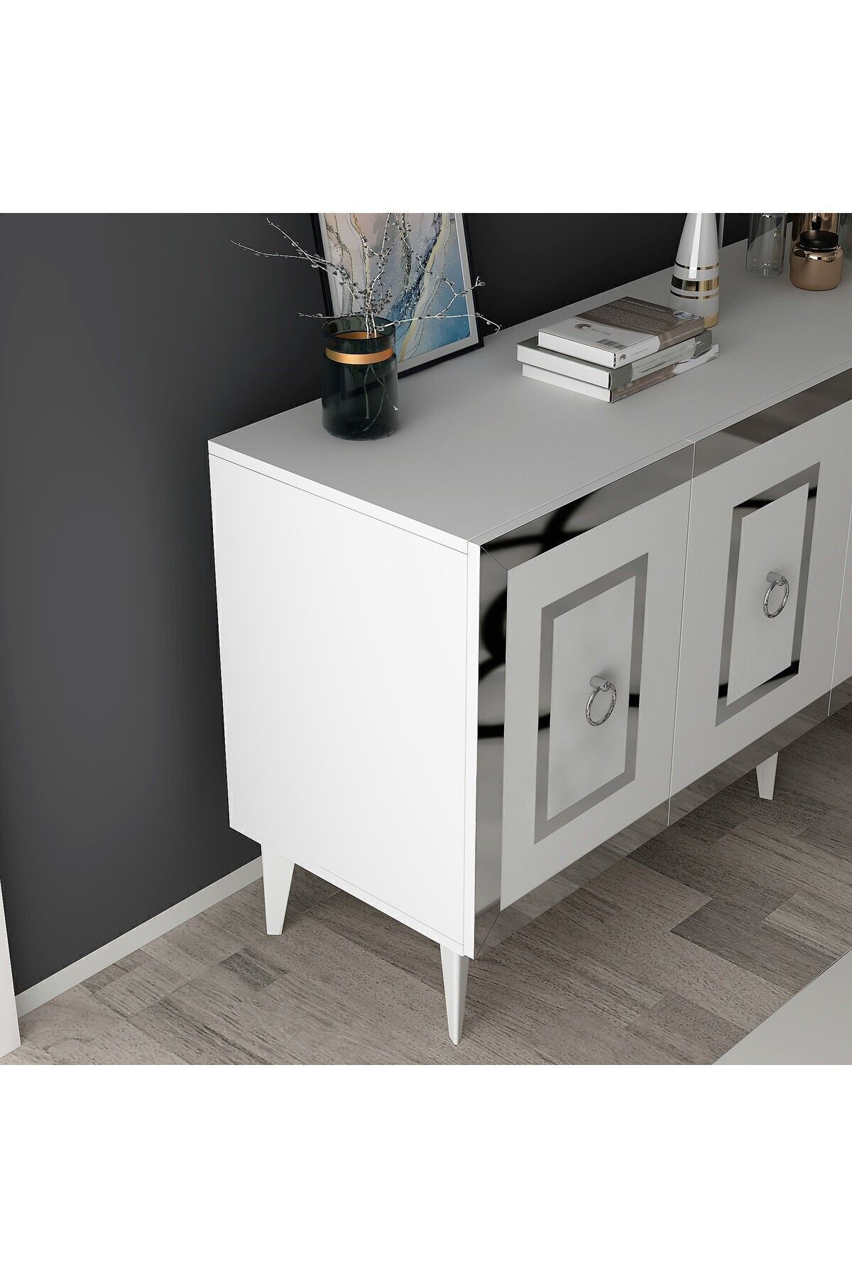 Cantek Dizayn Karrya Konsol 4 Kapakli Rafli Beyaz-Gümüş