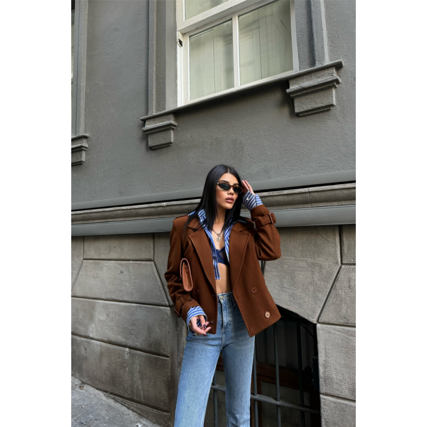 KAŞE CROP CEKET 4 DÜĞME - Kahverengi