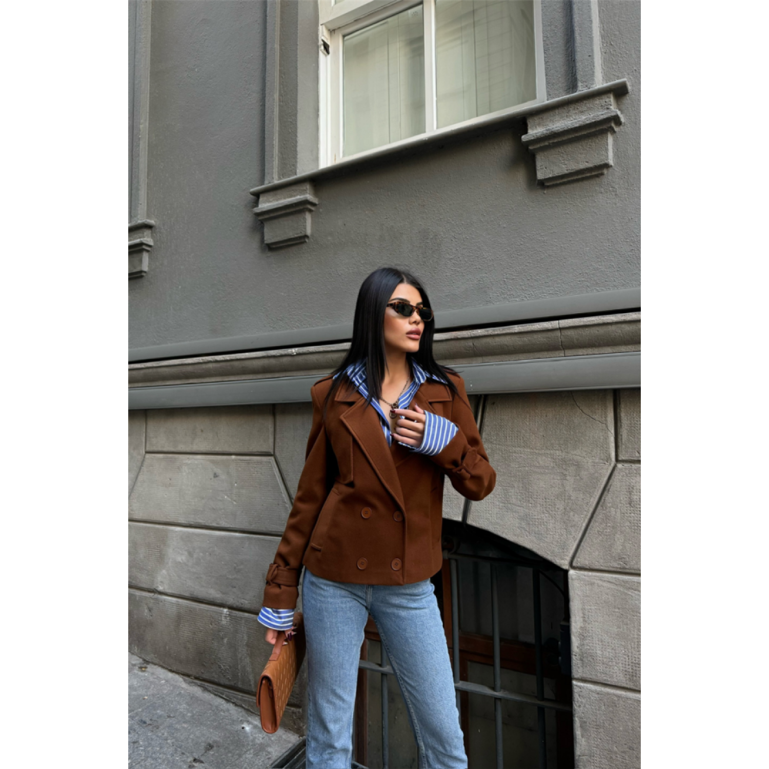 KAŞE CROP CEKET 4 DÜĞME - Kahverengi