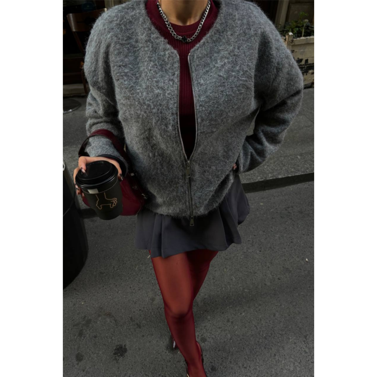 KAŞE FERMUARLI BLUZ - Gri