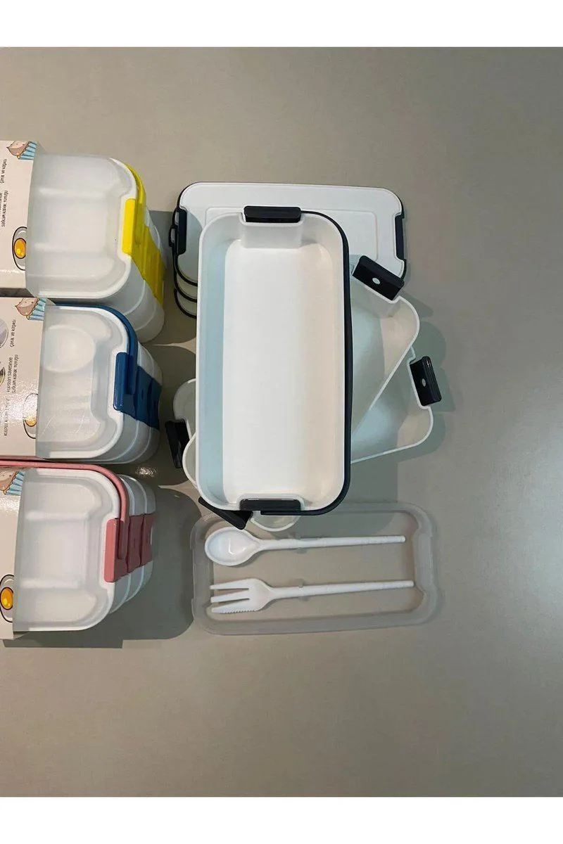 Kat Kat Lunch Box 3 Bölmeli Sızdırmaz Taşınabilir Yemek Kabı - Çatal Kaşıklı Ofis & Okul İçin