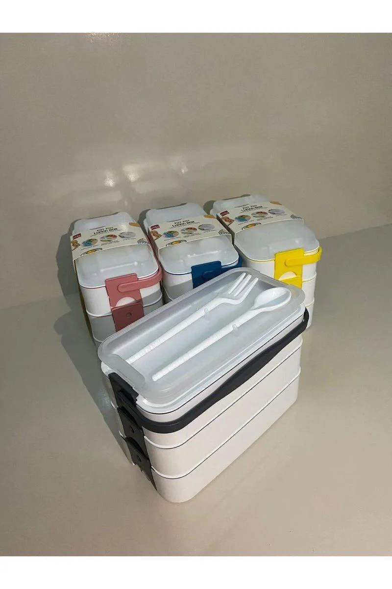 Kat Kat Lunch Box 3 Bölmeli Sızdırmaz Taşınabilir Yemek Kabı - Çatal Kaşıklı Ofis & Okul İçin