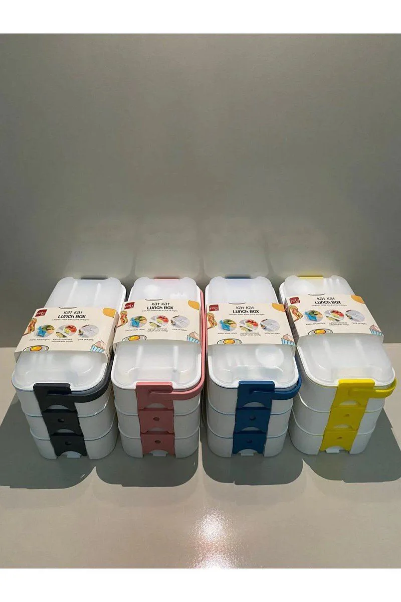 Kat Kat Lunch Box 3 Bölmeli Sızdırmaz Taşınabilir Yemek Kabı - Çatal Kaşıklı Ofis & Okul İçin