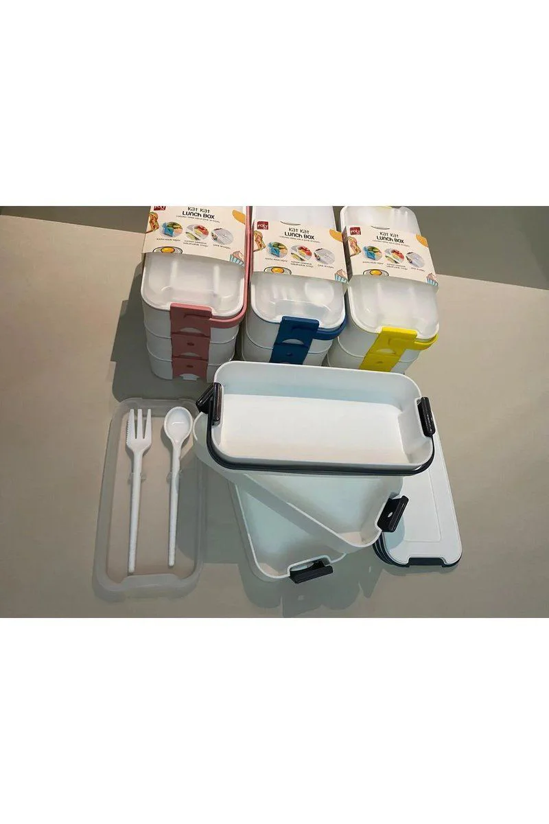 Kat Kat Lunch Box 3 Bölmeli Sızdırmaz Taşınabilir Yemek Kabı - Çatal Kaşıklı Ofis & Okul İçin