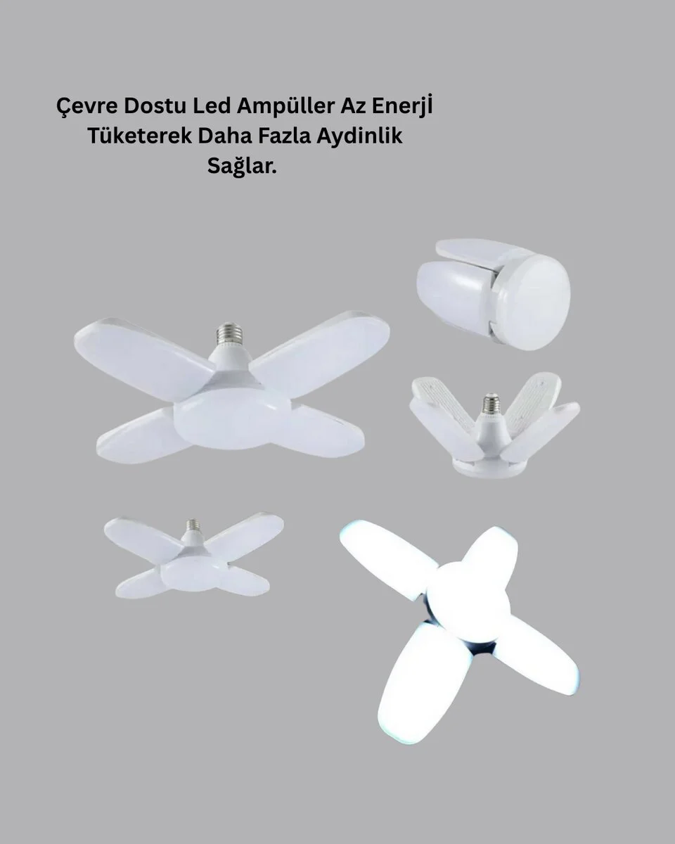 Katlanabilir 4 Kollu LED Ampül 60W 6000 Lumen Beyaz Işık - Geniş Alan Aydınlatma