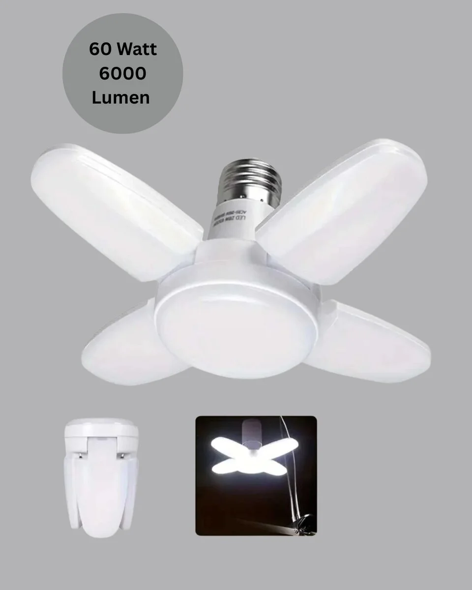 Katlanabilir 4 Kollu LED Ampül 60W 6000 Lumen Beyaz Işık - Geniş Alan Aydınlatma