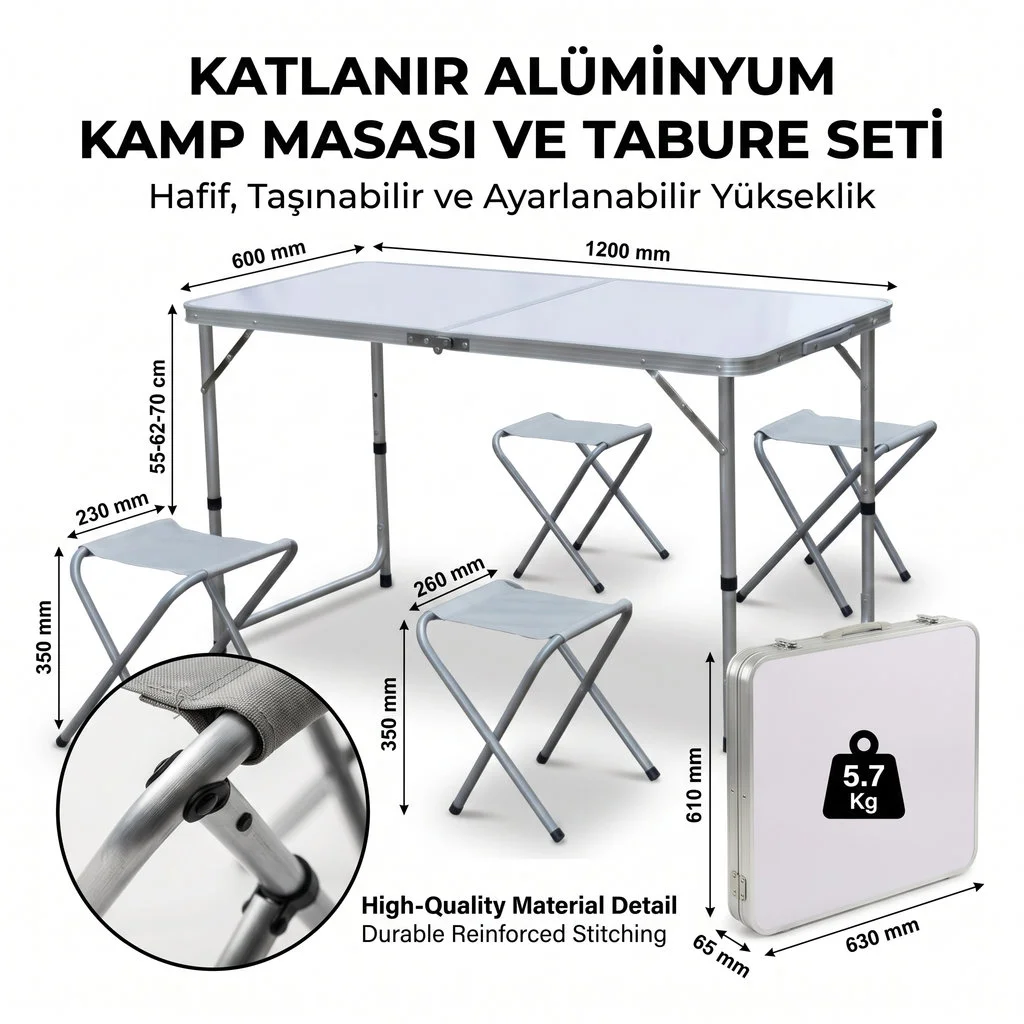 Katlanabilir Alüminyum Kamp Masası ve 4 lü Tabure Seti Fiyatı, Yorumları ve Özellikleri