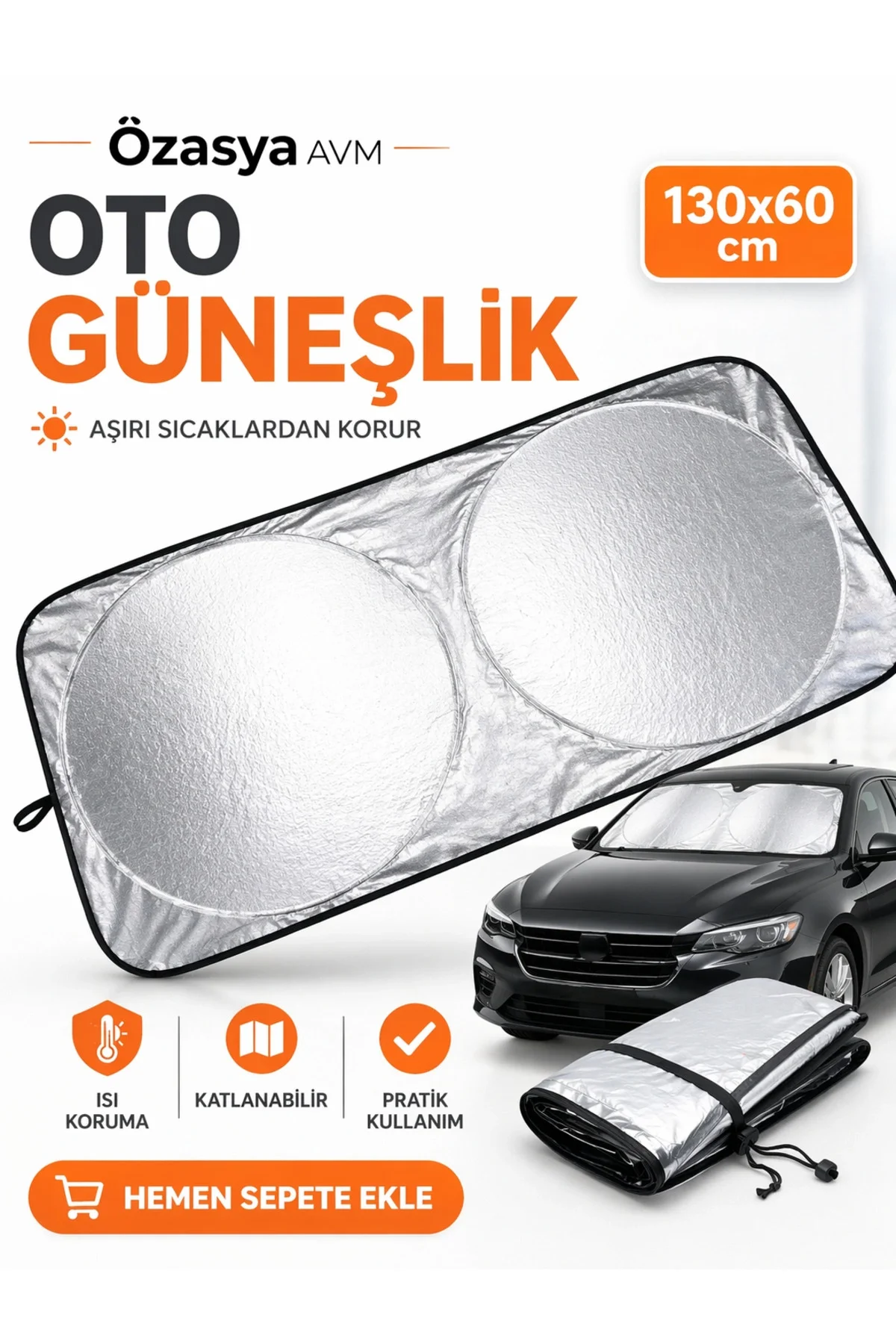 Katlanabilir Araç Ön Cam Güneşliği 150x70cm Isı ve Işık Yalıtımlı Yazlık Aksesuar