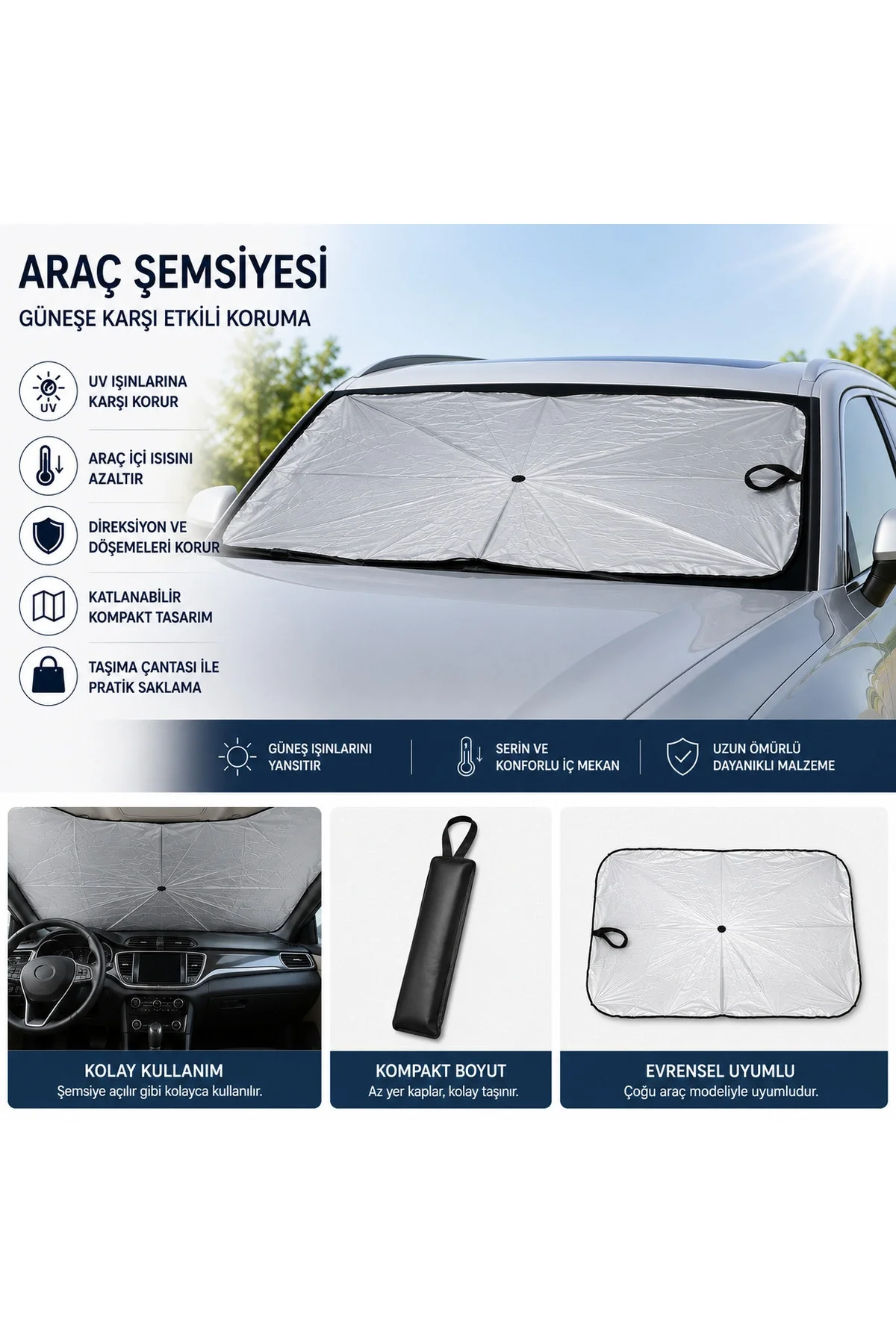 Katlanabilir Araç Ön Cam Güneşlik Şemsiyesi UV Korumalı Otomobil Aksesuarı Taşınabilir