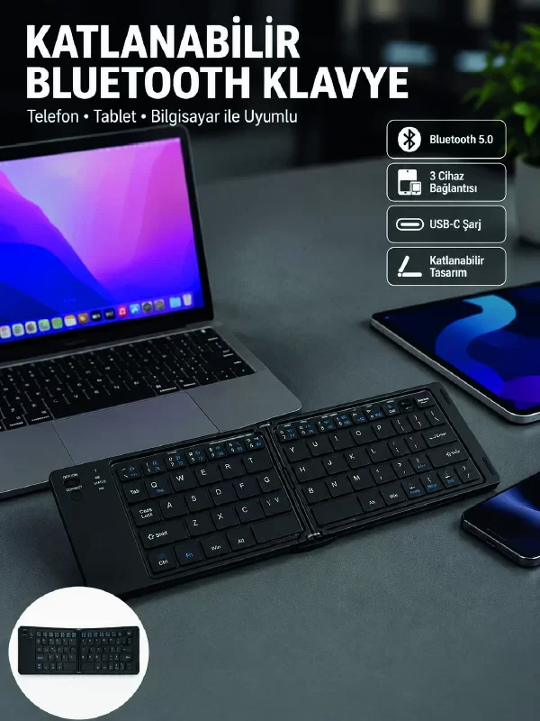 Katlanabilir Bluetooth Klavye 3 Cihaz Bağlantılı Kablosuz Taşınabilir Klavye (Bluetooth 5.0)